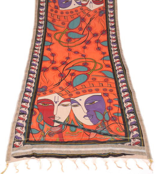 Sushila Vintage Madhubani Hand Print Dupatta Orange Oure Cotton Silk Long Stole