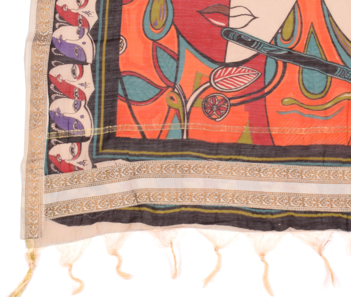Sushila Vintage Madhubani Hand Print Dupatta Orange Oure Cotton Silk Long Stole