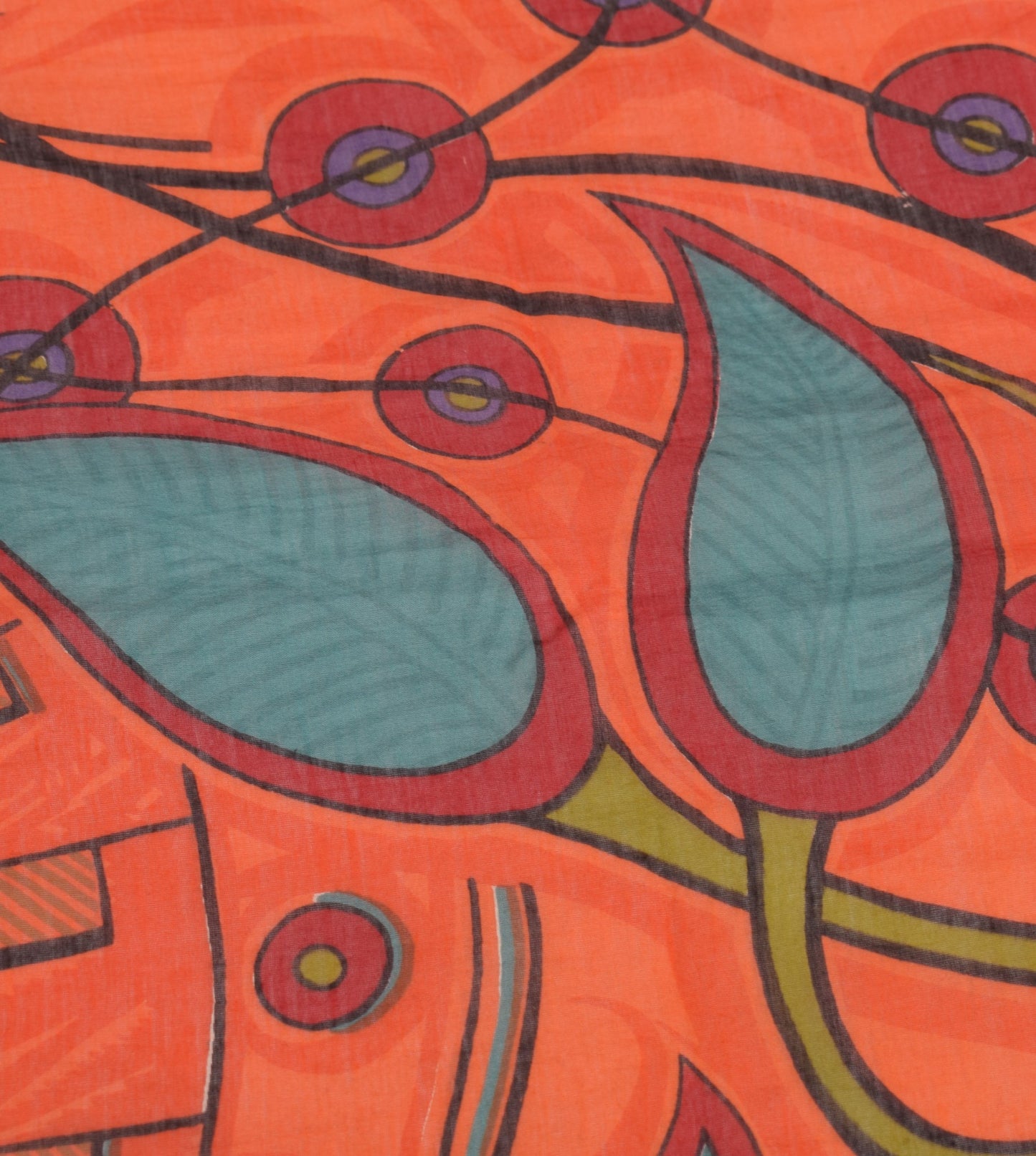 Sushila Vintage Madhubani Hand Print Dupatta Orange Oure Cotton Silk Long Stole