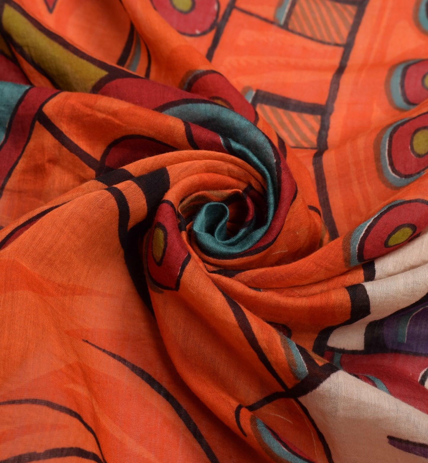 Sushila Vintage Madhubani Hand Print Dupatta Orange Oure Cotton Silk Long Stole