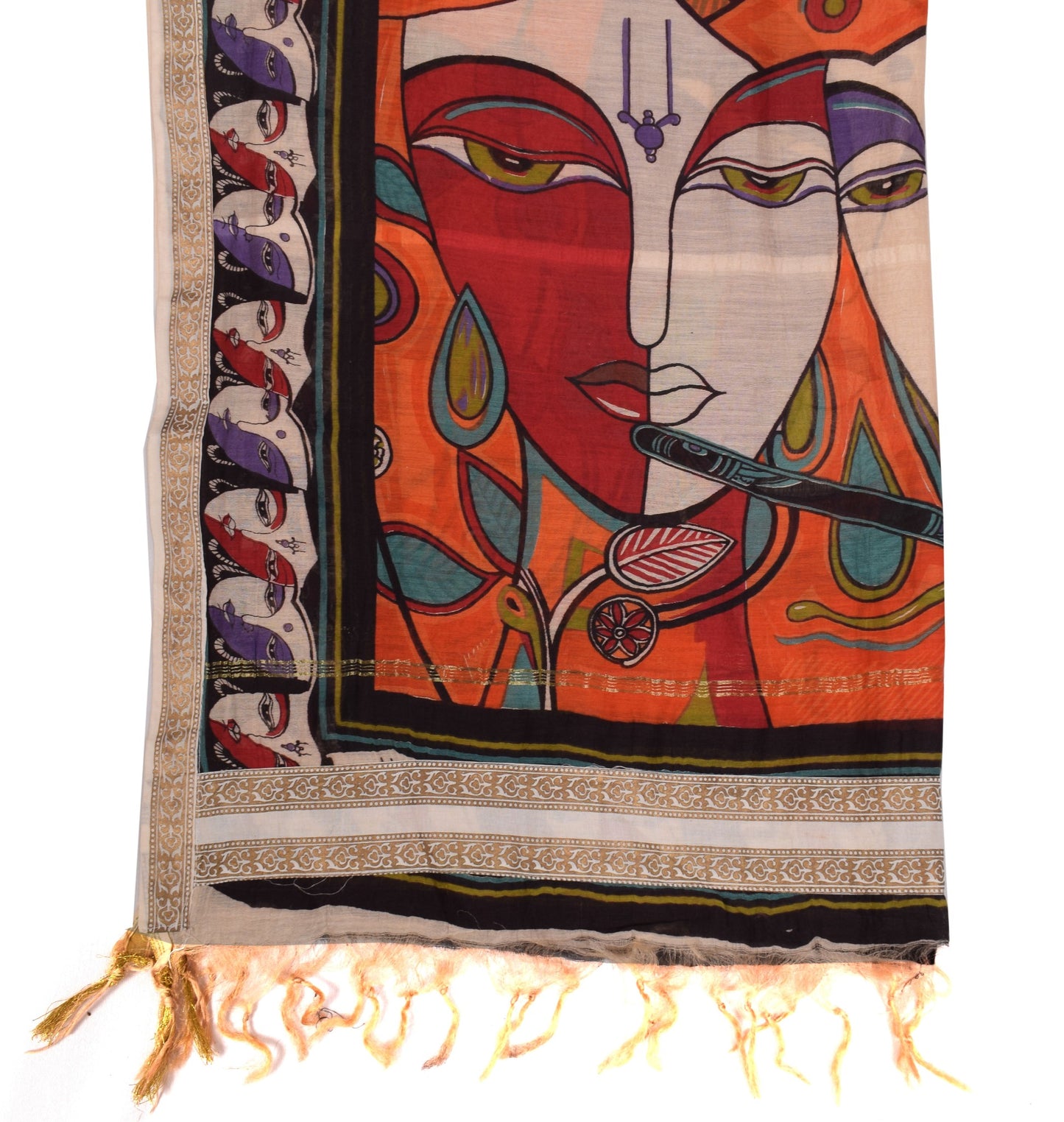 Sushila Vintage Madhubani Hand Print Dupatta Orange Oure Cotton Silk Long Stole