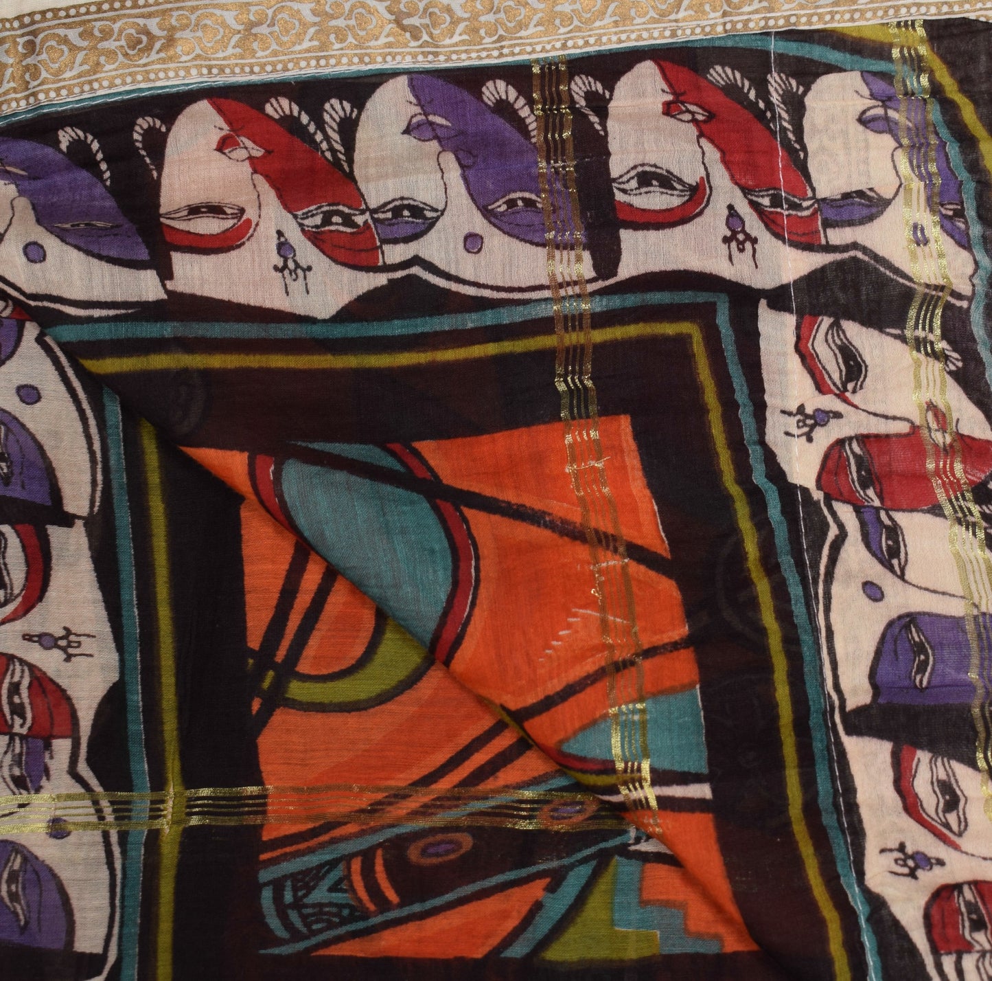 Sushila Vintage Madhubani Hand Print Dupatta Orange Oure Cotton Silk Long Stole