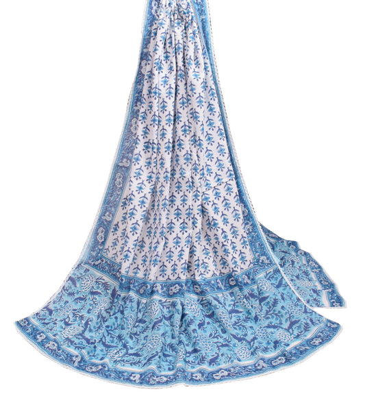 Sushila Vintage White Floral Dupatta 100%Pure Cotton Hand Block Print Long Stole