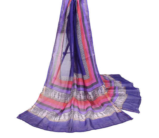 Sushila Vintage Hand Printed Dupatta 100% Pure Cotton Blue Long Stole Hijab Wrap