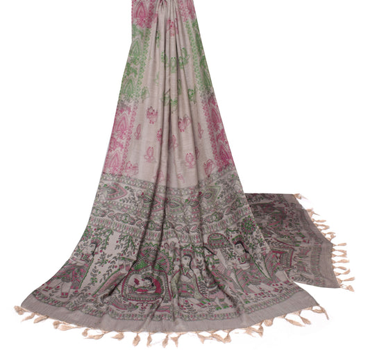 Sushila Vintage Madhubani Hand Printed Dupatta Gray Pure Cotton Soft Long Stole