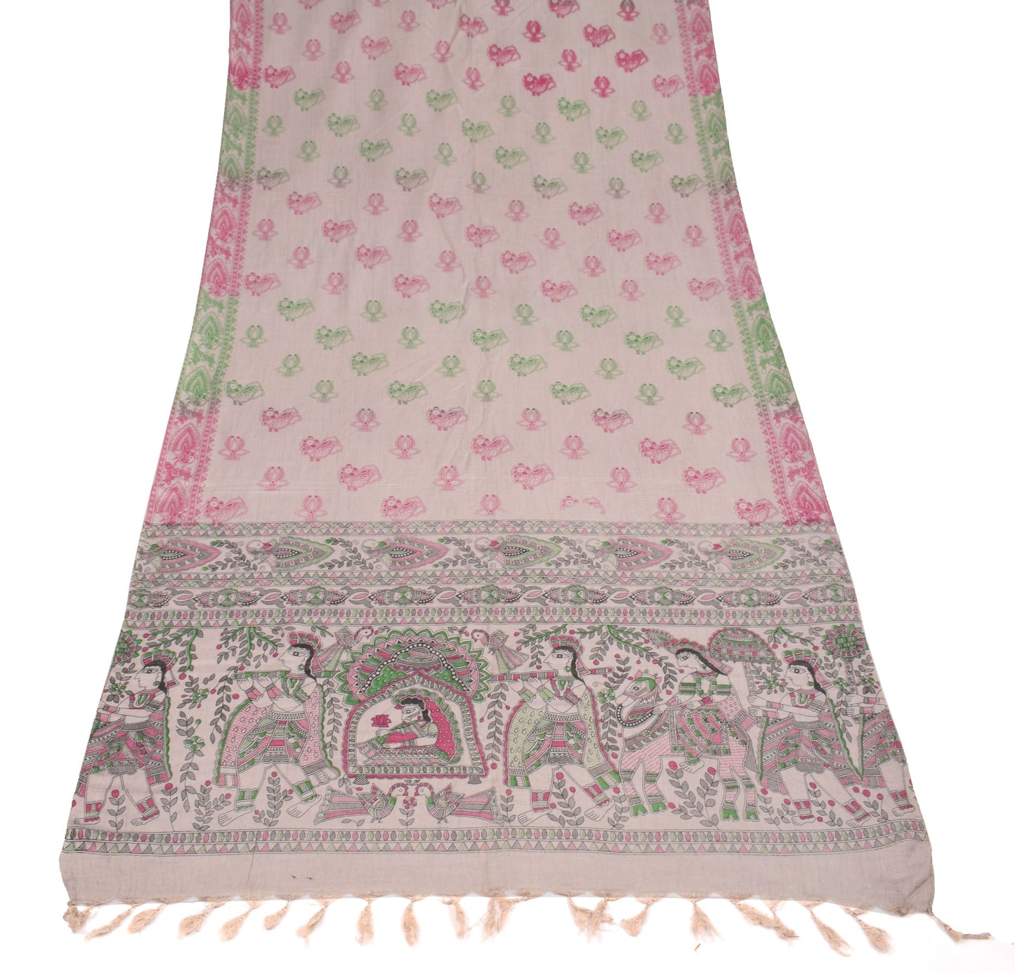 Sushila Vintage Madhubani Hand Printed Dupatta Gray Pure Cotton Soft Long Stole