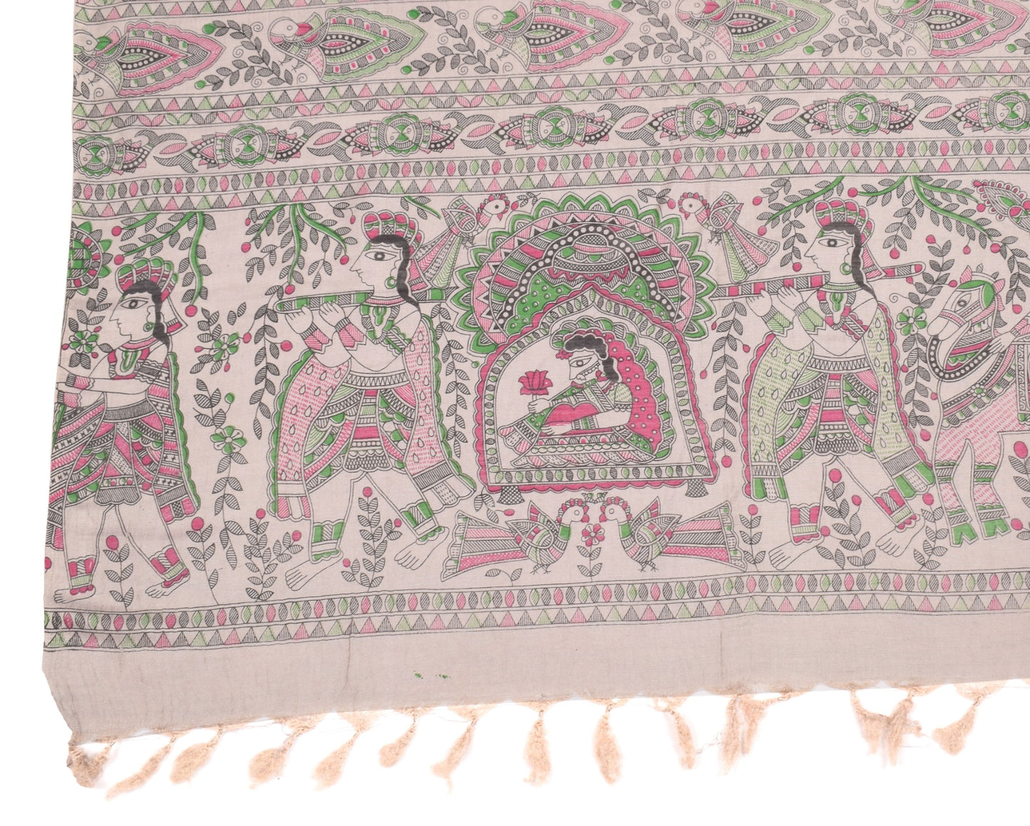 Sushila Vintage Madhubani Hand Printed Dupatta Gray Pure Cotton Soft Long Stole