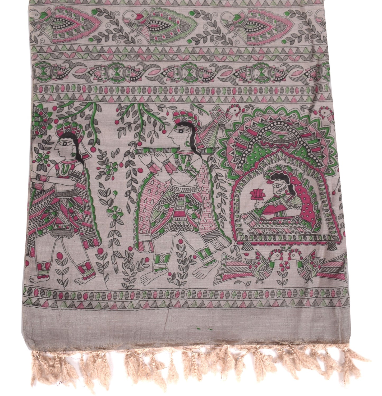 Sushila Vintage Madhubani Hand Printed Dupatta Gray Pure Cotton Soft Long Stole