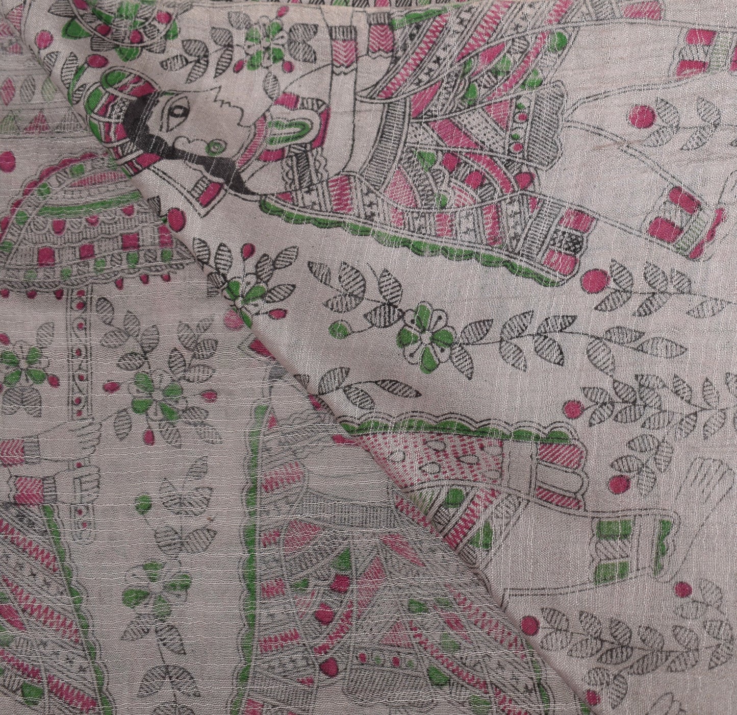 Sushila Vintage Madhubani Hand Printed Dupatta Gray Pure Cotton Soft Long Stole