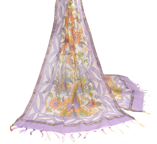 Sushila Vintage White Kalamkari Dupatta Art Cotton Silk Hand Printed Long Stole