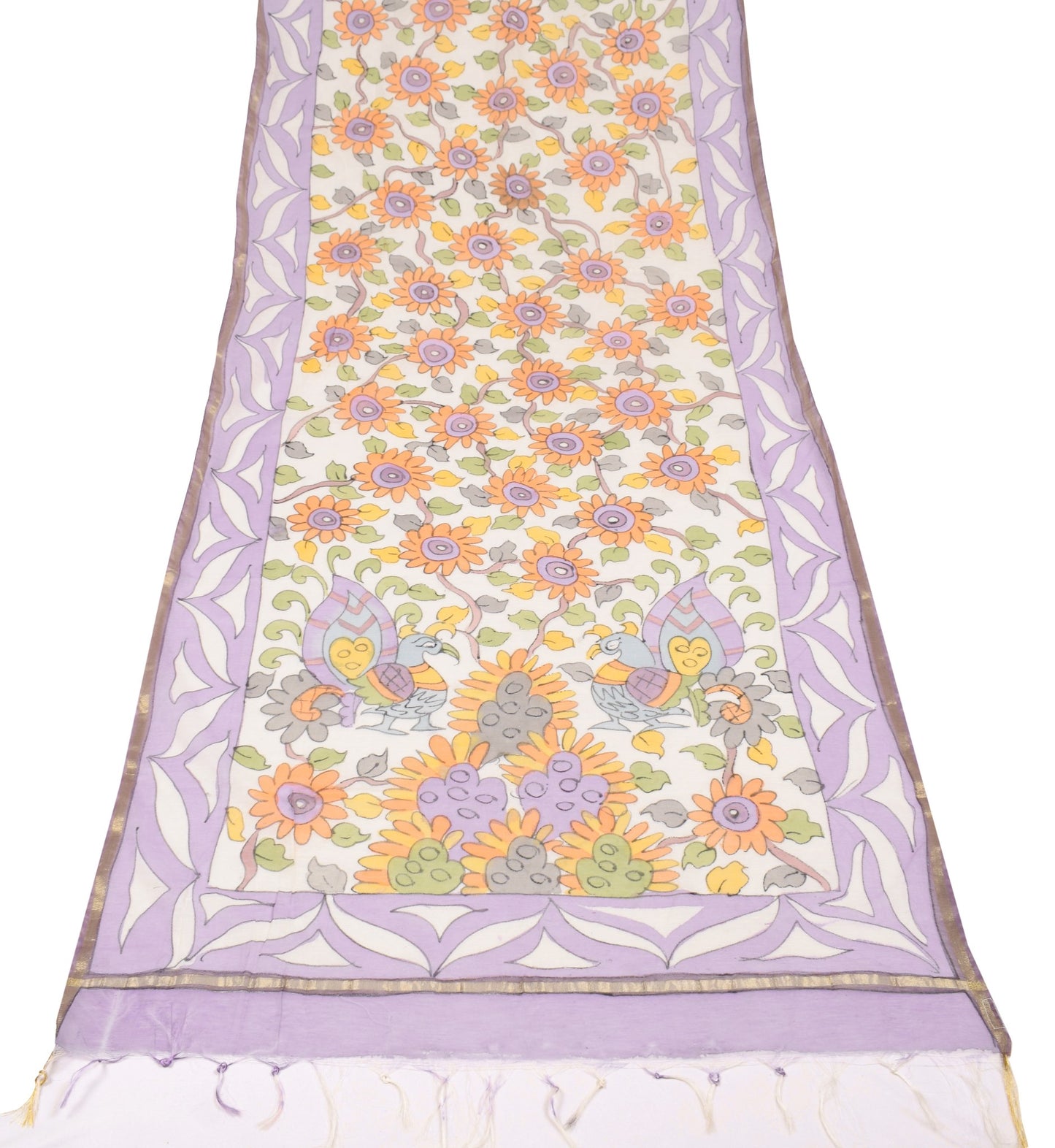 Sushila Vintage White Kalamkari Dupatta Art Cotton Silk Hand Printed Long Stole