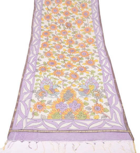 Sushila Vintage White Kalamkari Dupatta Art Cotton Silk Hand Printed Long Stole