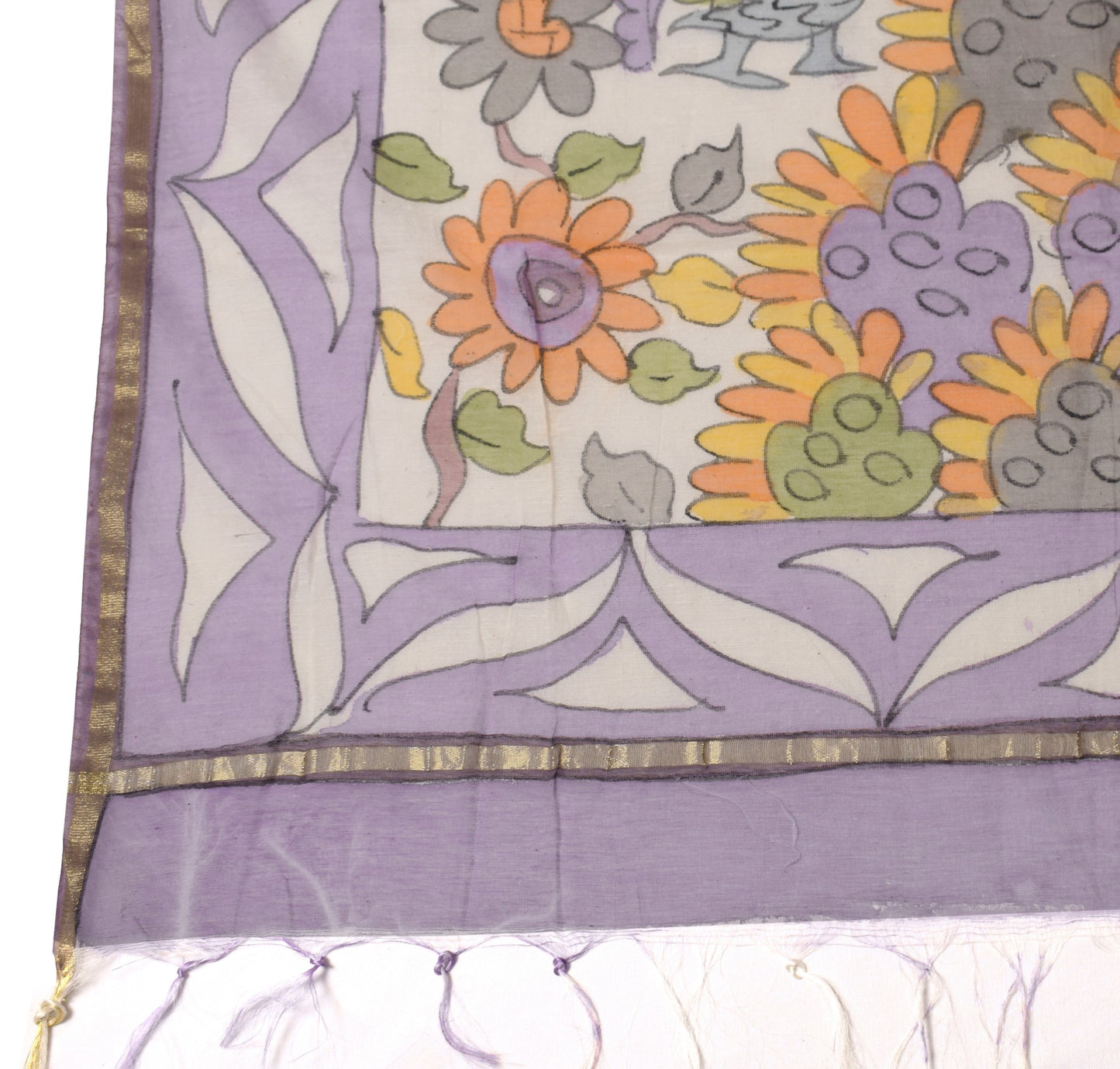 Sushila Vintage White Kalamkari Dupatta Art Cotton Silk Hand Printed Long Stole