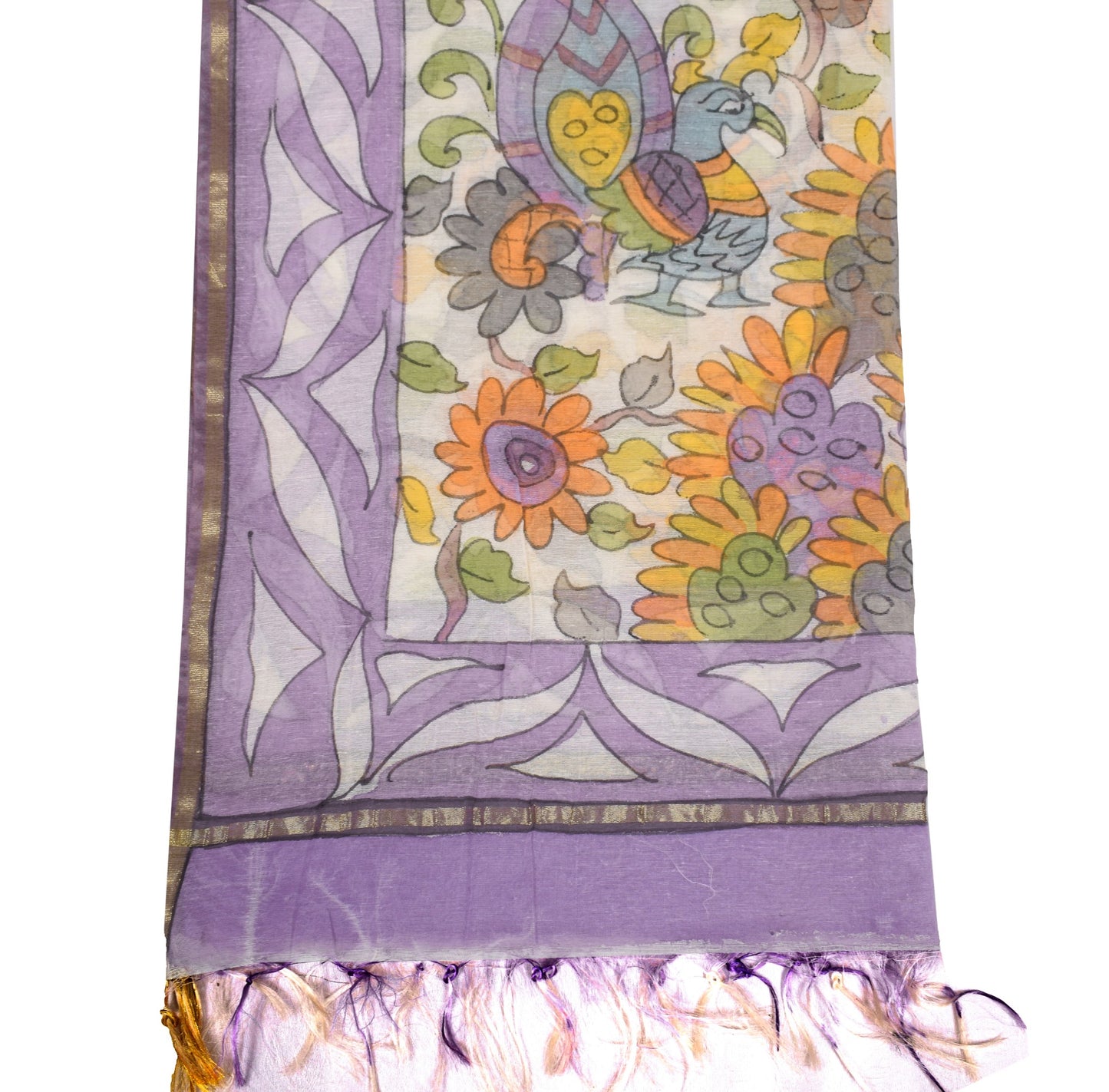 Sushila Vintage White Kalamkari Dupatta Art Cotton Silk Hand Printed Long Stole