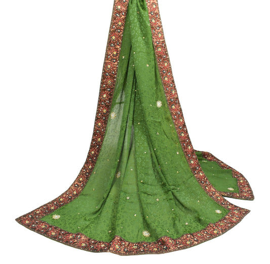 Sushila Vintage Henna Green Self Woven Dupatta Pure Chiffon Floral Long Stole