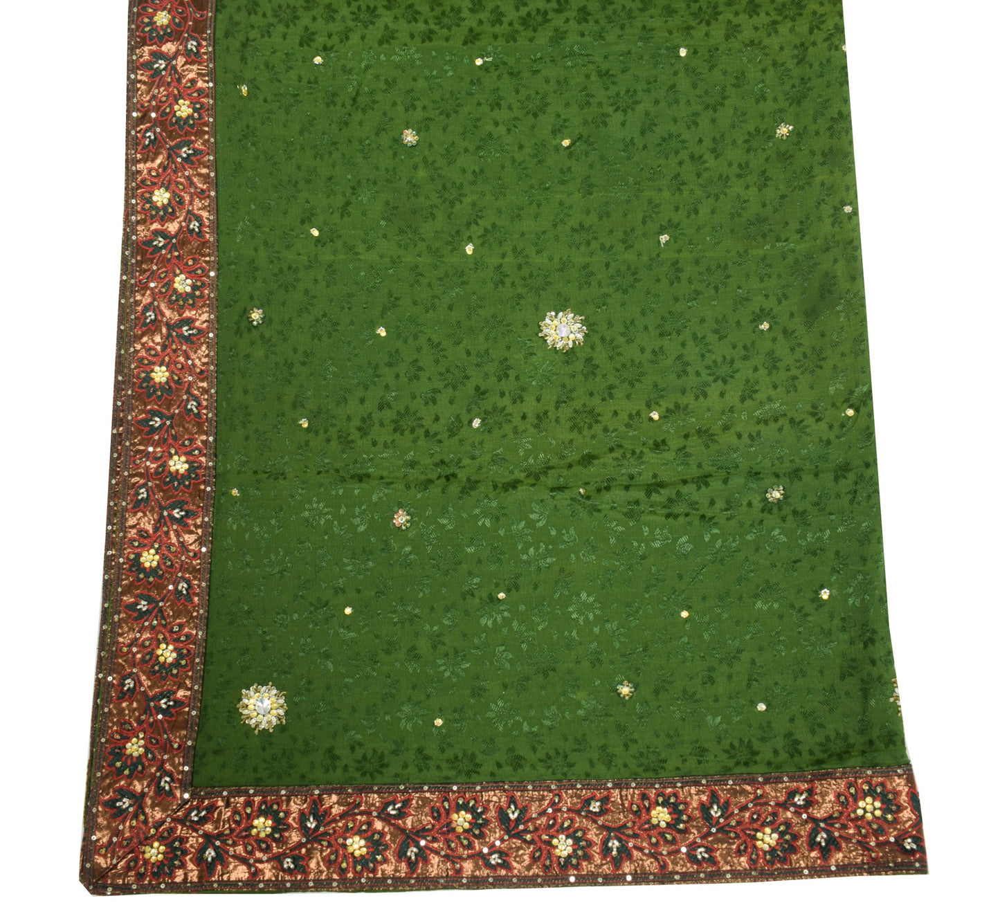 Sushila Vintage Henna Green Self Woven Dupatta Pure Chiffon Floral Long Stole