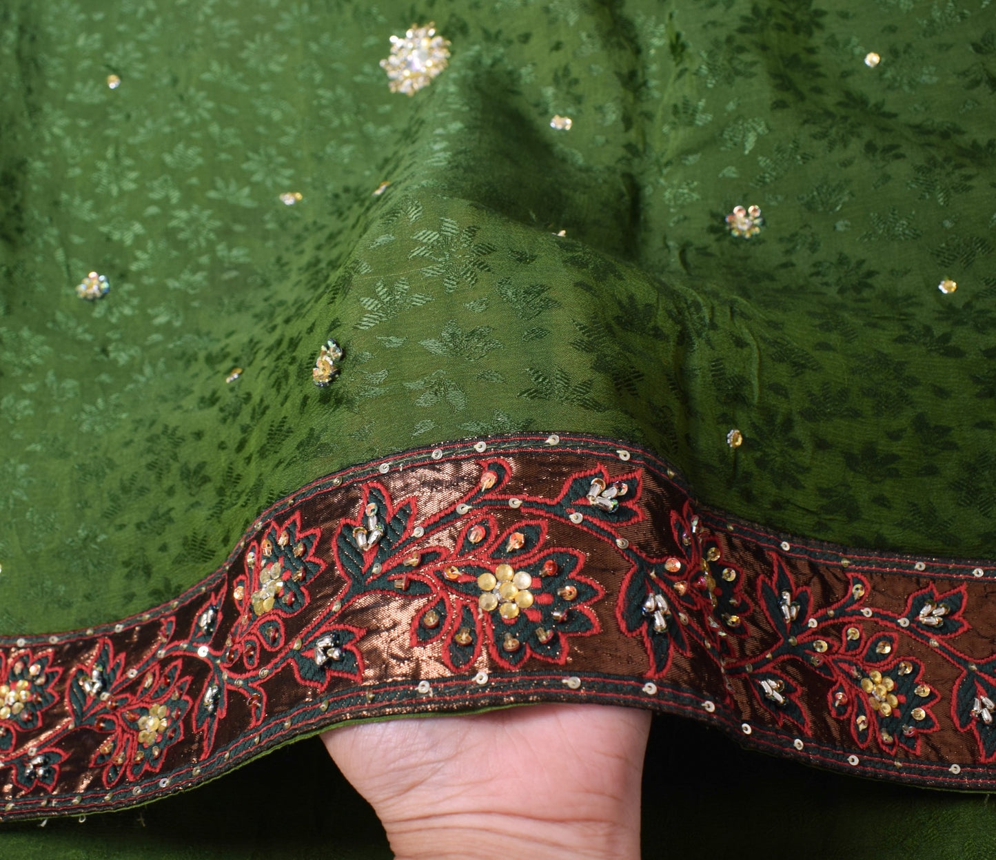 Sushila Vintage Henna Green Self Woven Dupatta Pure Chiffon Floral Long Stole