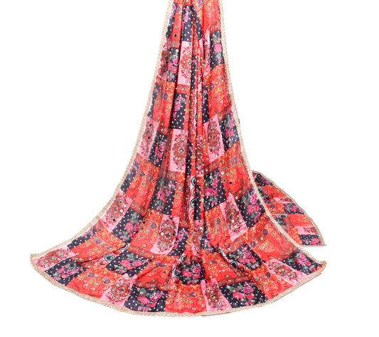 Sushila Vintage Abla Work Dupatta Chinnon Silk Multicolor Long Stole HEAVY Wrap