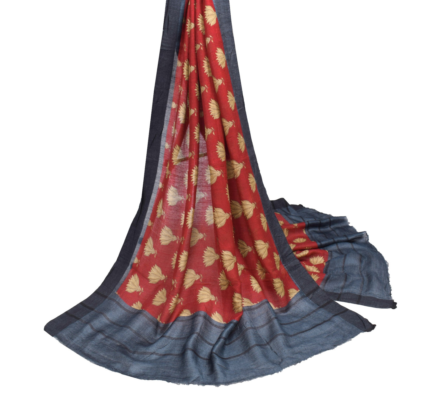 Sushila Vintage Pure Woolen Dupatta Red Floral Printed Woven Shawl Long Stole