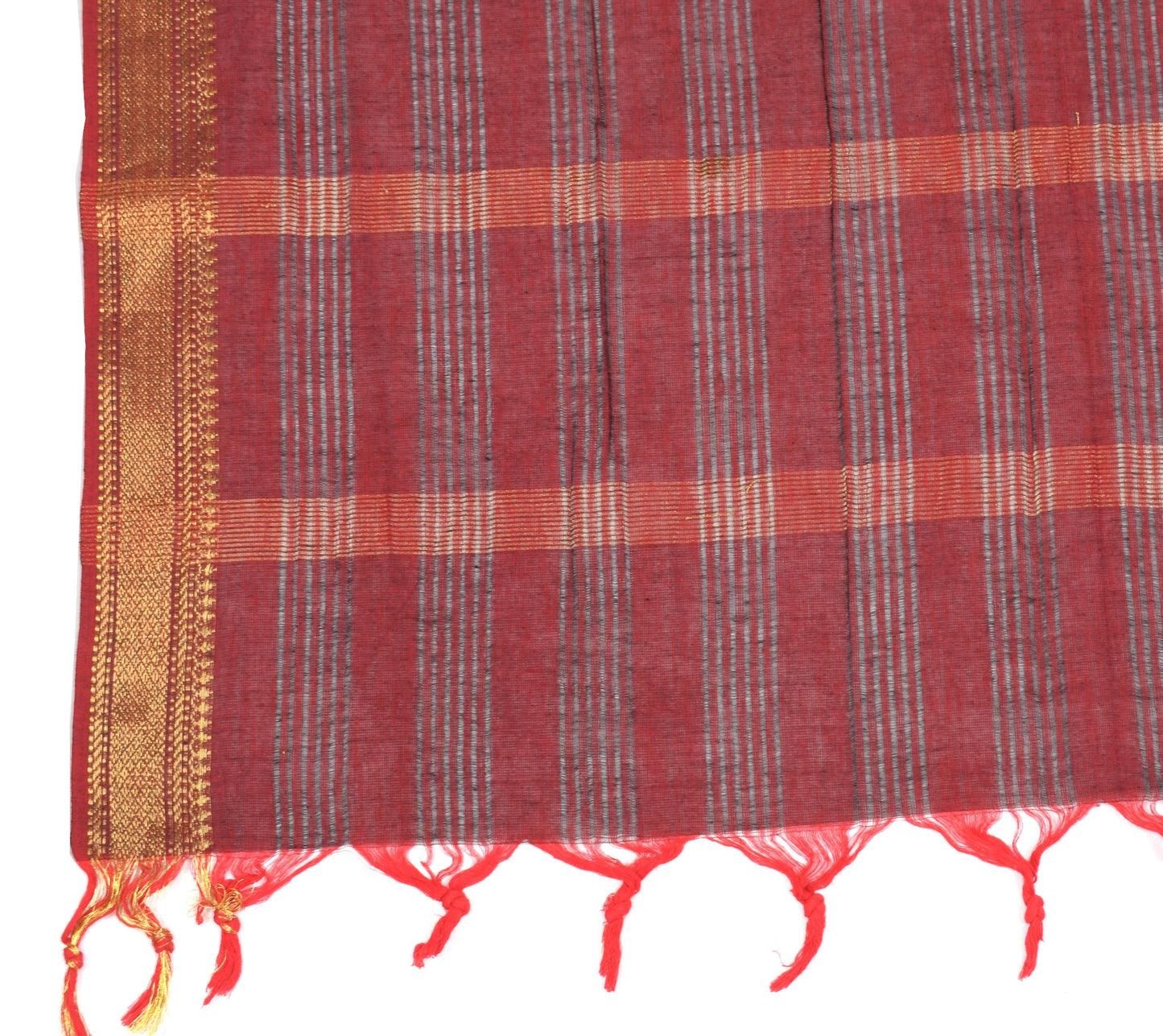 Sushila Vintage Red Black Dupatta 100% Pure Cotton Stripes Woven Long Stole Wrap