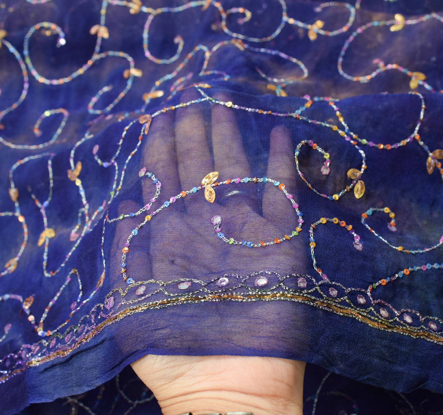 Sushila Vintage Blue Dupatta Tie-Dye Zari Sequins Work Pure Georgette Long Stole