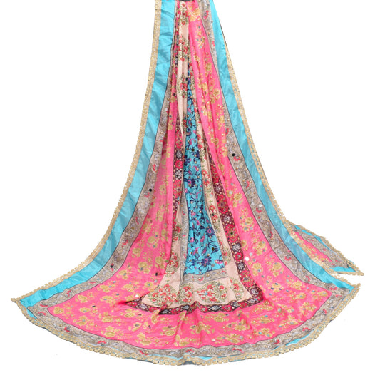 Sushila Vintage Abla Work Dupatta Chinnon Silk Pink Blue HEAVY Wrap Long Stole