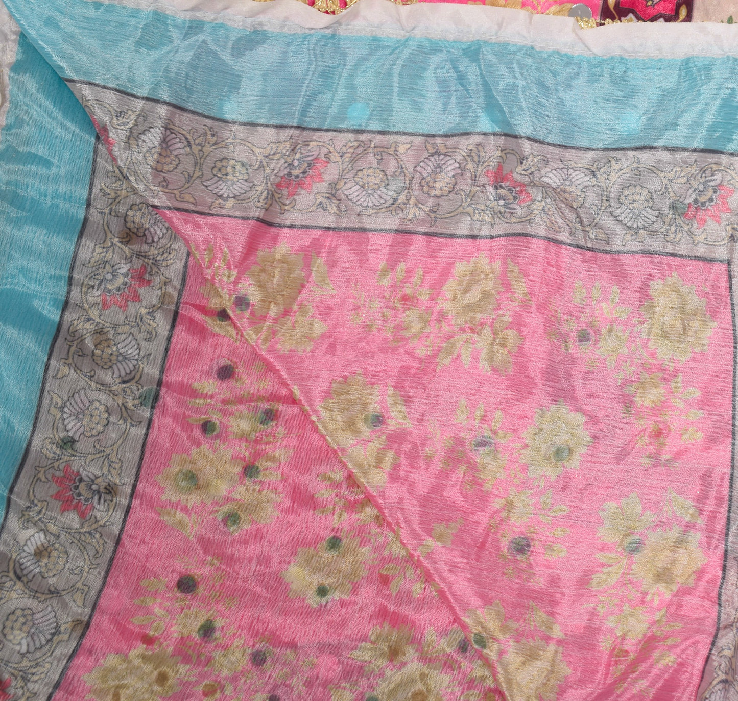 Sushila Vintage Abla Work Dupatta Chinnon Silk Pink Blue HEAVY Wrap Long Stole