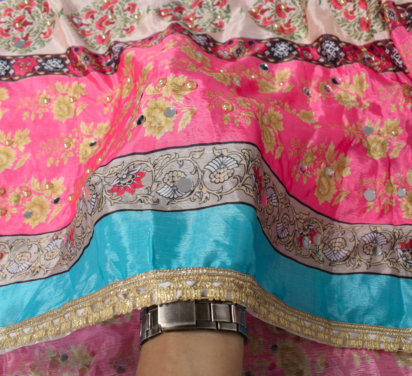Sushila Vintage Abla Work Dupatta Chinnon Silk Pink Blue HEAVY Wrap Long Stole
