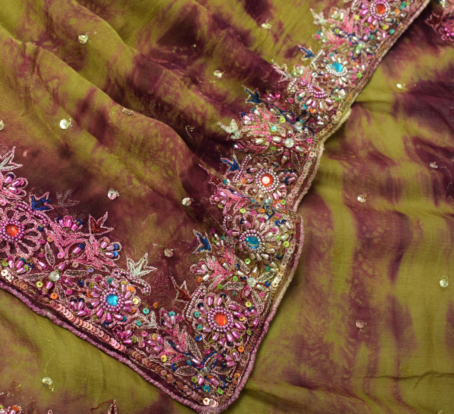 Sushila Vintage Pure Chiffon Dupatta Tie-Dye & Embroidered Green Long Stole Wrap