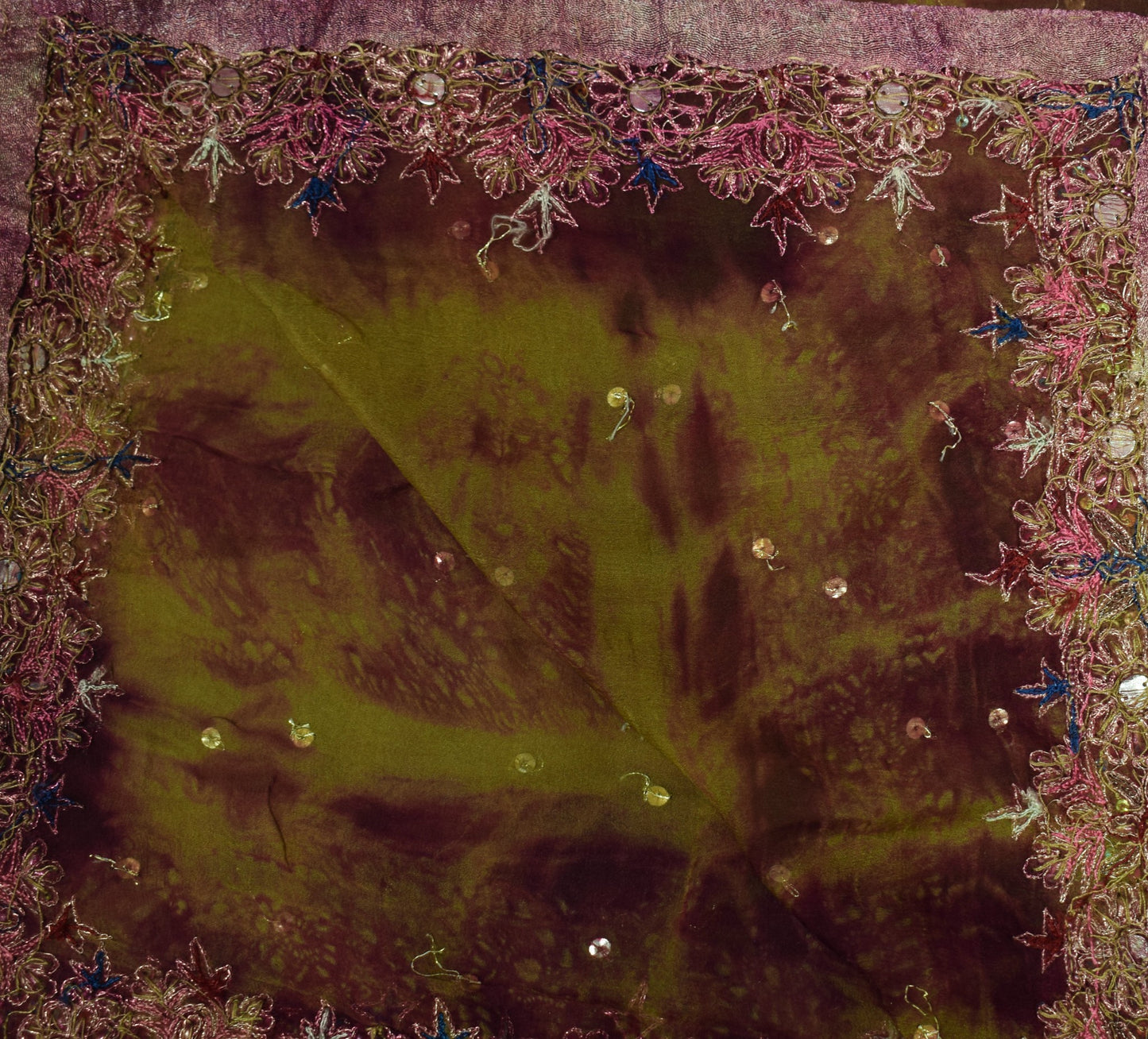 Sushila Vintage Pure Chiffon Dupatta Tie-Dye & Embroidered Green Long Stole Wrap