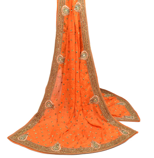 Sushila Vintage Orange Dupatta Pure Chiffon Stone With Velvet Border Long Stole