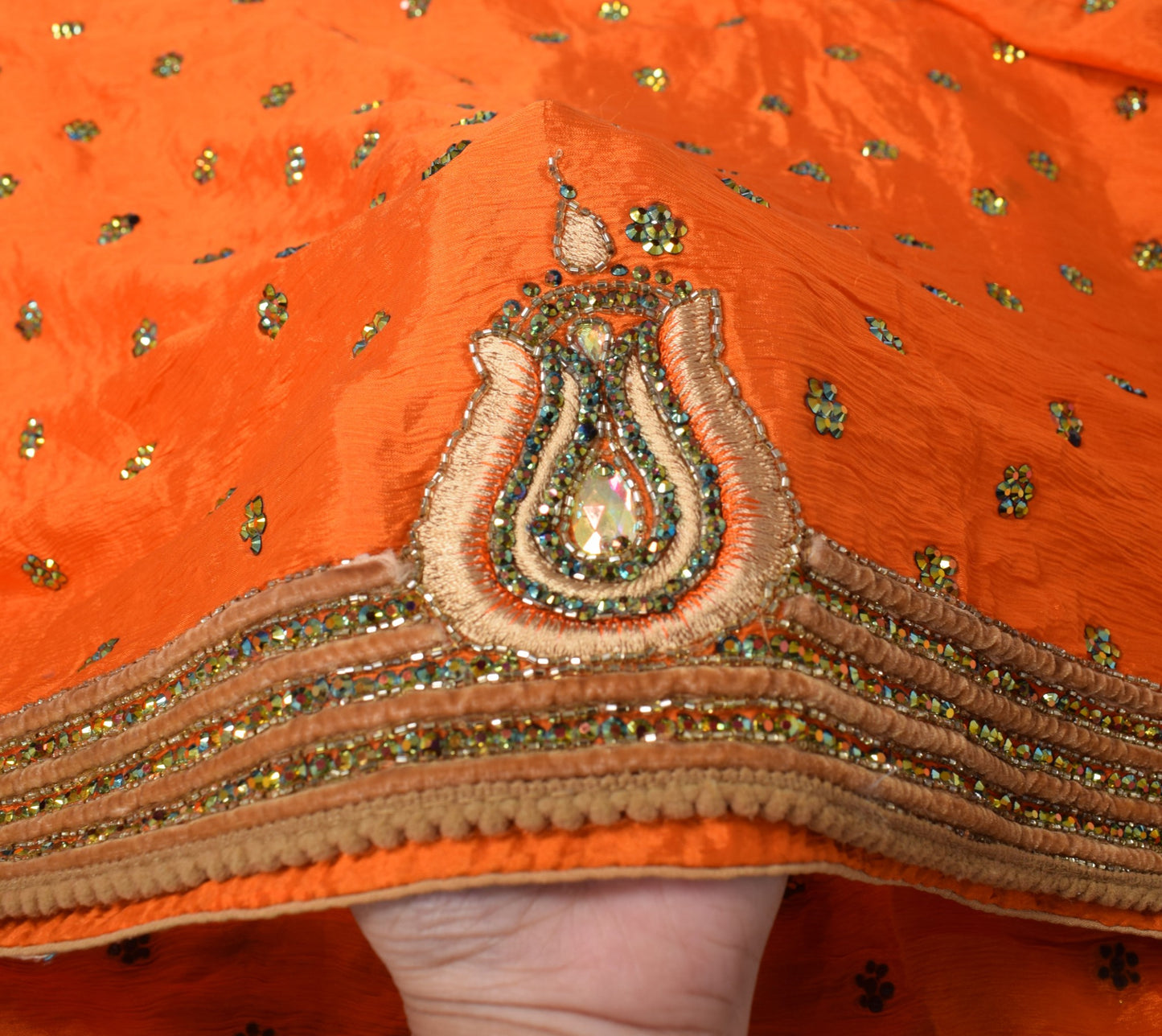 Sushila Vintage Orange Dupatta Pure Chiffon Stone With Velvet Border Long Stole