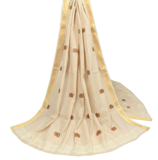 Sushila Vintage Cream Dupatta 100%Pure Cotton Floral Embroidered Long Stole Wrap