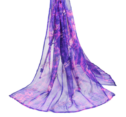 Sushila Vintage Embroidered Dupatta Pure Chiffon Tie-Dye Blue Magenta Long Stole