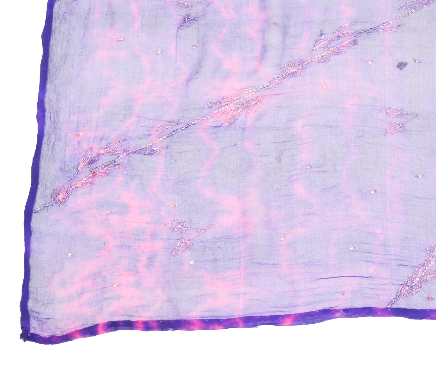 Sushila Vintage Embroidered Dupatta Pure Chiffon Tie-Dye Blue Magenta Long Stole