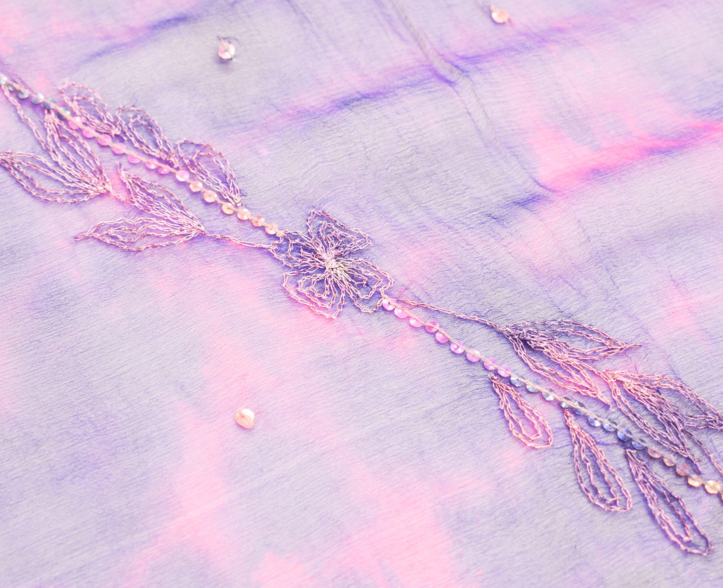 Sushila Vintage Embroidered Dupatta Pure Chiffon Tie-Dye Blue Magenta Long Stole