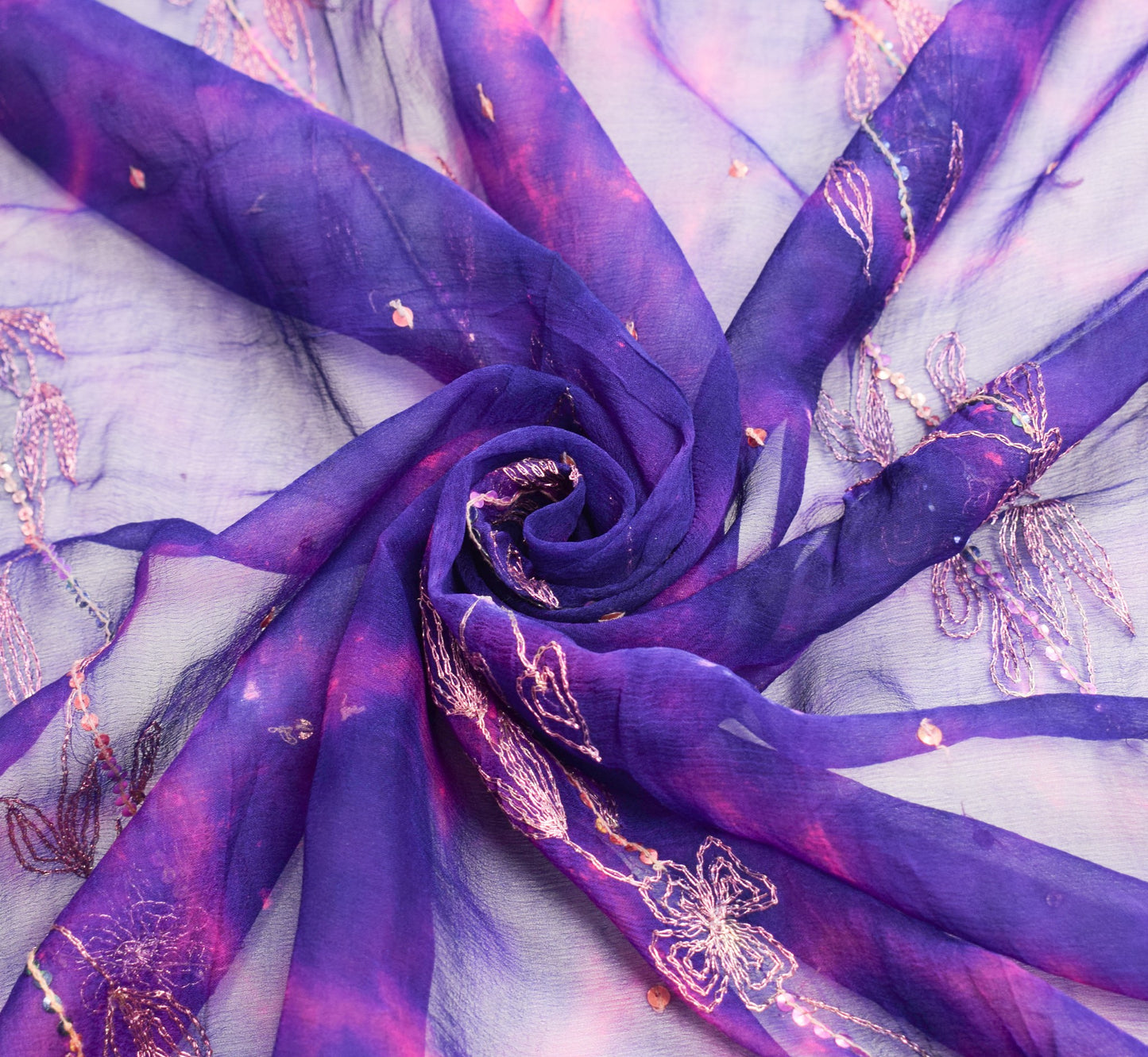 Sushila Vintage Embroidered Dupatta Pure Chiffon Tie-Dye Blue Magenta Long Stole