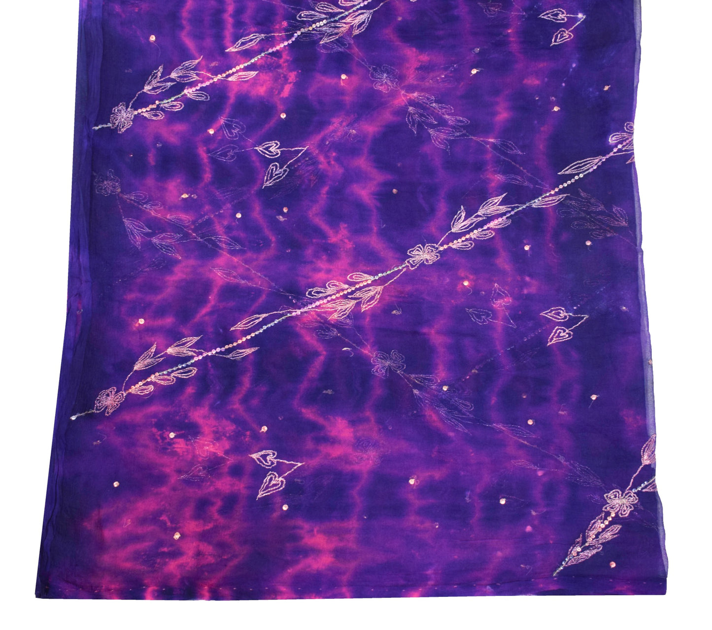 Sushila Vintage Embroidered Dupatta Pure Chiffon Tie-Dye Blue Magenta Long Stole