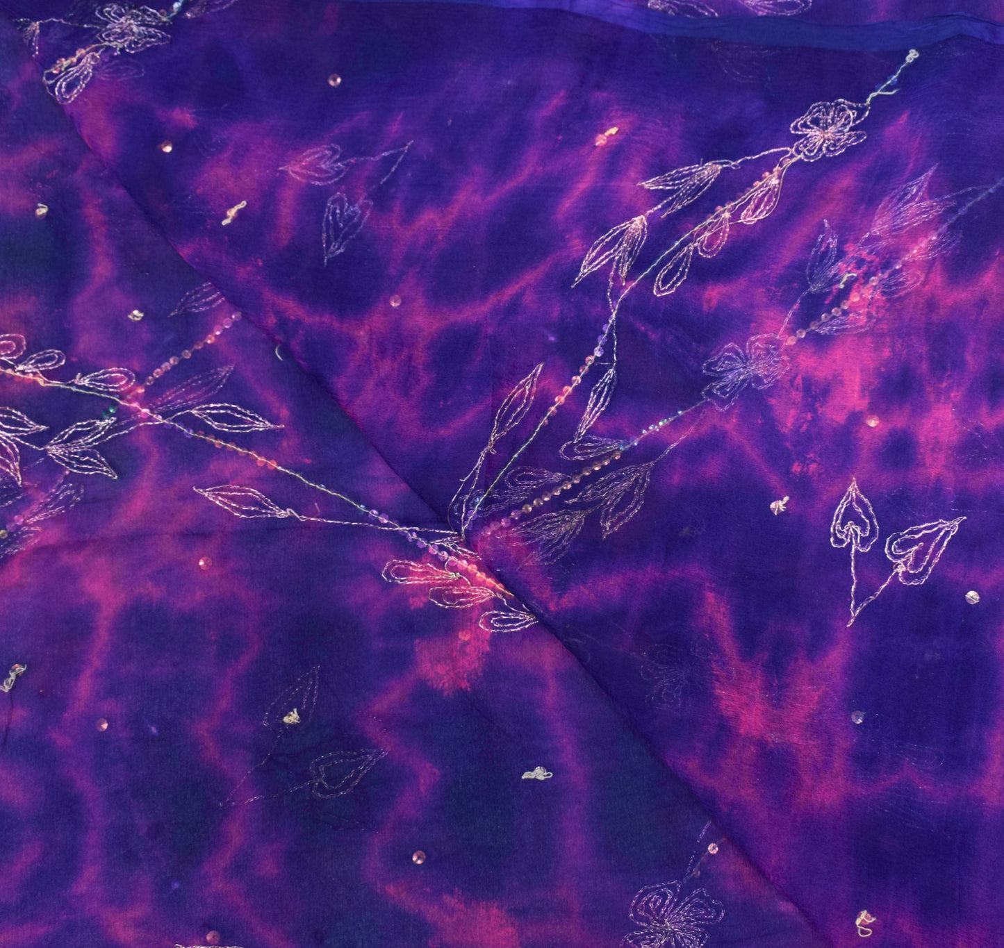 Sushila Vintage Embroidered Dupatta Pure Chiffon Tie-Dye Blue Magenta Long Stole