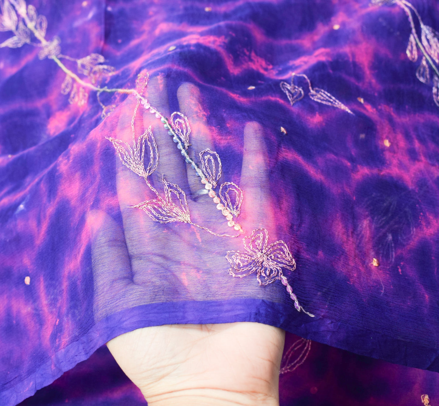 Sushila Vintage Embroidered Dupatta Pure Chiffon Tie-Dye Blue Magenta Long Stole