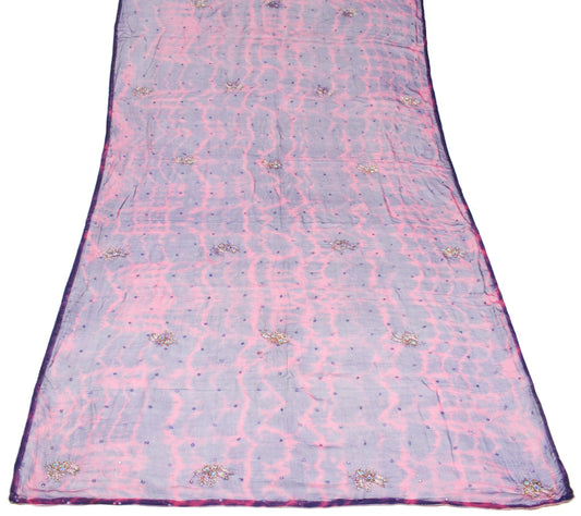 Sushila Vintage Pink Blue Tie-Die Dupatta Pure Chiffon Hand Beaded Long Stole