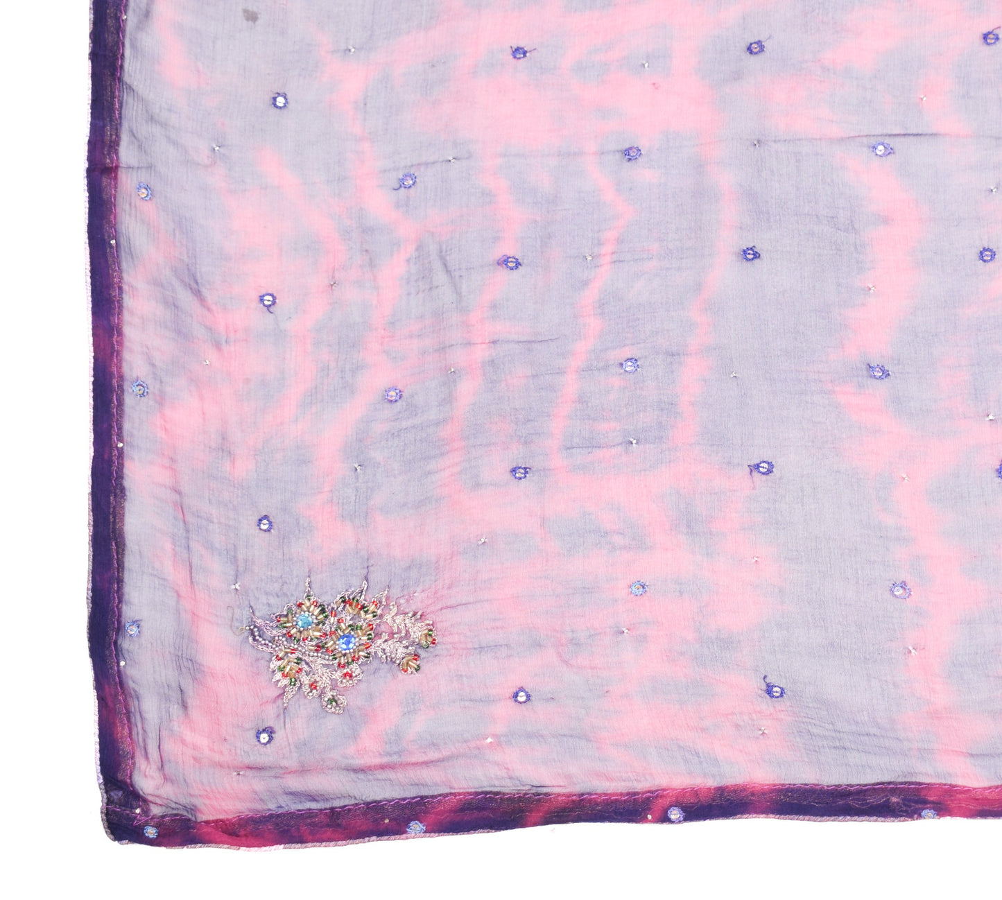 Sushila Vintage Pink Blue Tie-Die Dupatta Pure Chiffon Hand Beaded Long Stole