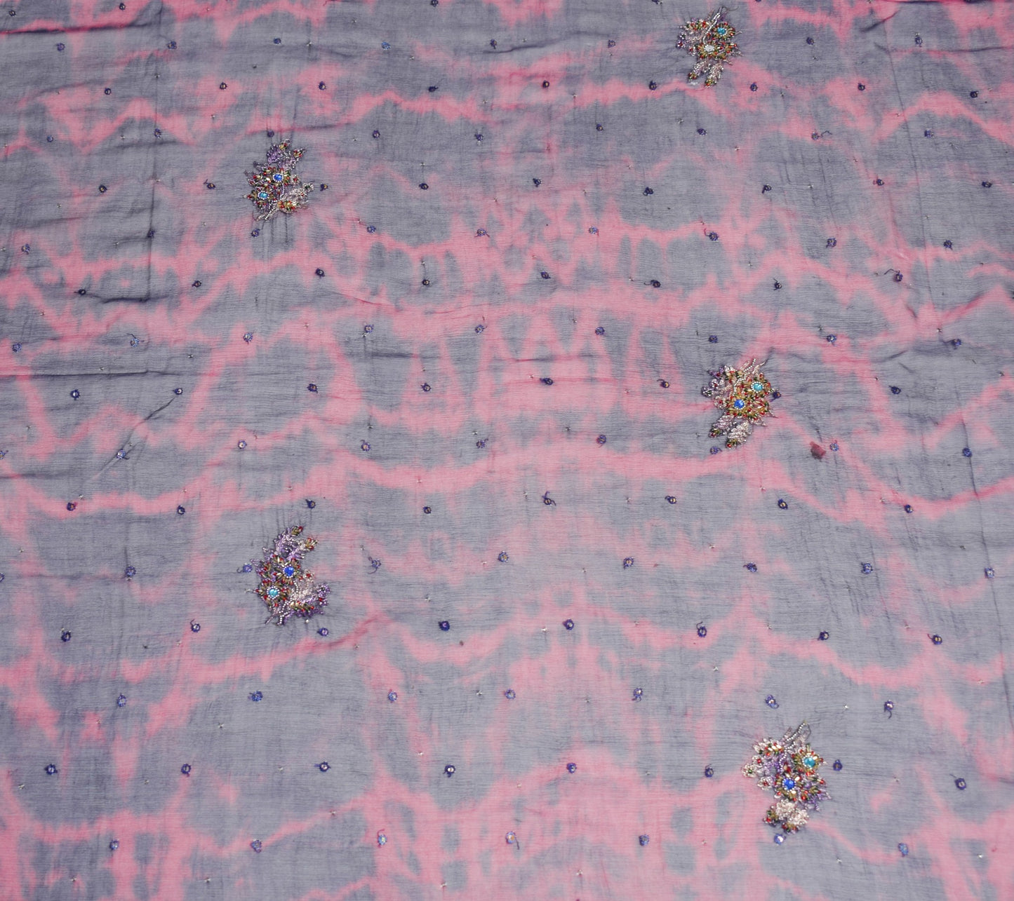 Sushila Vintage Pink Blue Tie-Die Dupatta Pure Chiffon Hand Beaded Long Stole