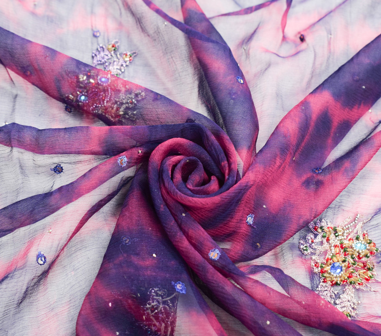 Sushila Vintage Pink Blue Tie-Die Dupatta Pure Chiffon Hand Beaded Long Stole