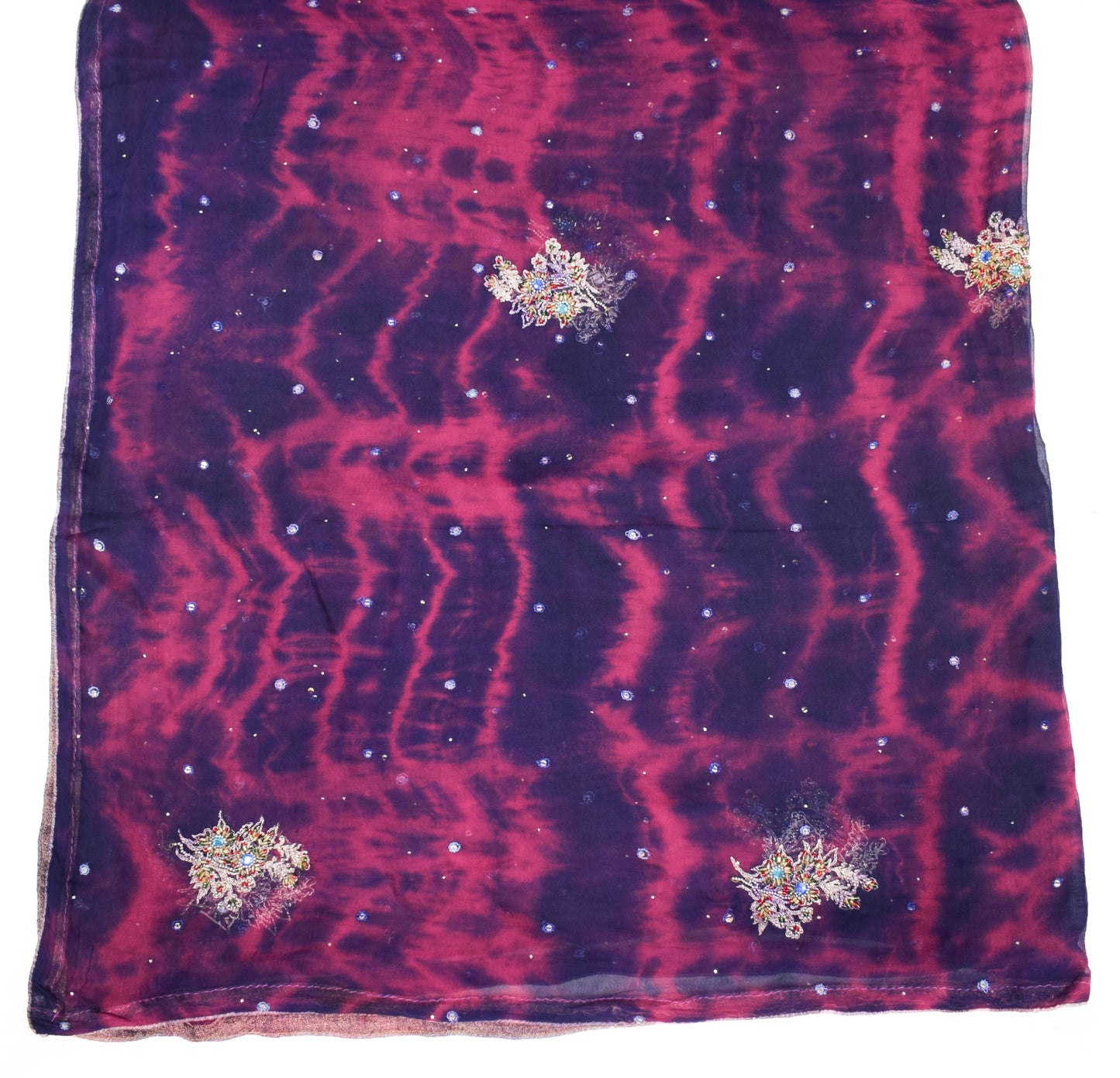 Sushila Vintage Pink Blue Tie-Die Dupatta Pure Chiffon Hand Beaded Long Stole