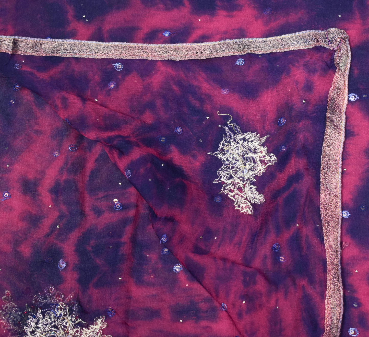 Sushila Vintage Pink Blue Tie-Die Dupatta Pure Chiffon Hand Beaded Long Stole