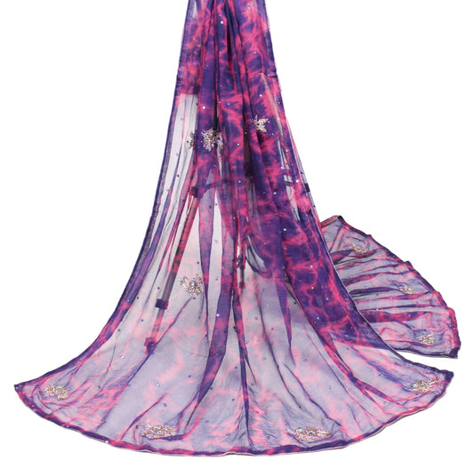 Sushila Vintage Pink Blue Tie-Die Dupatta Pure Chiffon Hand Beaded Long Stole