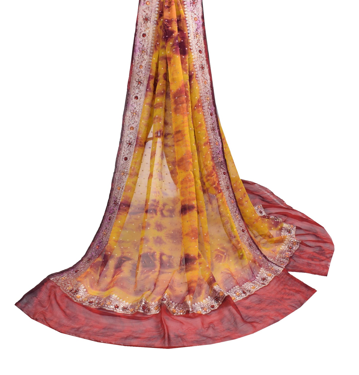 Sushila Vintage Yellow Tie-Dye Dupatta Pure Georgette Banarasi Brocade LongStole