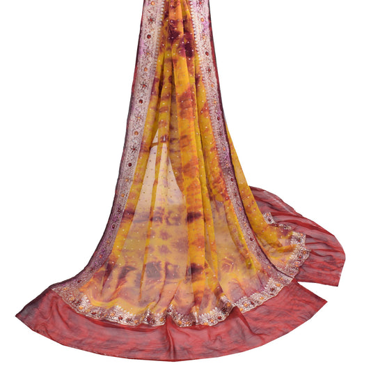 Sushila Vintage Yellow Tie-Dye Dupatta Pure Georgette Banarasi Brocade LongStole
