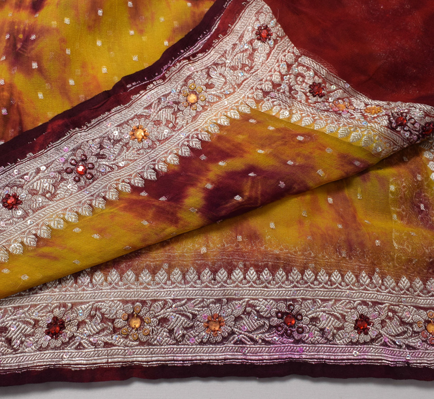 Sushila Vintage Yellow Tie-Dye Dupatta Pure Georgette Banarasi Brocade LongStole